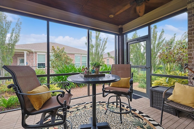 sunroom with plenty of natural light and wood ceiling