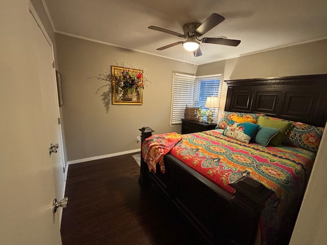 bedroom with dark hardwood / wood-style floors, ceiling fan, and crown molding