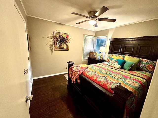 bedroom featuring ceiling fan, dark wood-type flooring, and ornamental molding