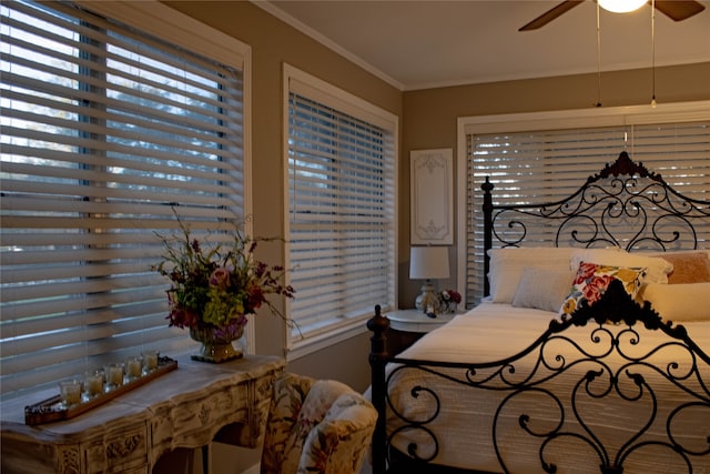 bedroom featuring ceiling fan and ornamental molding