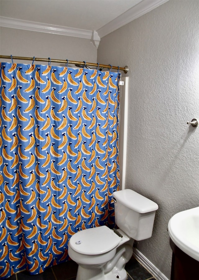 bathroom featuring vanity, crown molding, a shower with shower curtain, and toilet