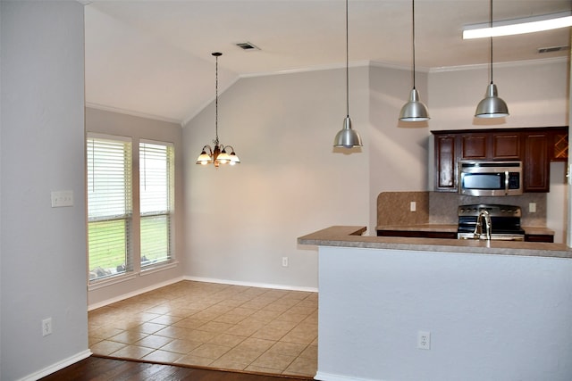 kitchen featuring a notable chandelier, wood-type flooring, vaulted ceiling, appliances with stainless steel finishes, and ornamental molding