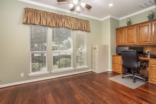 home office featuring ornamental molding, ceiling fan, and dark wood-type flooring