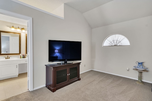 carpeted living room with lofted ceiling and sink