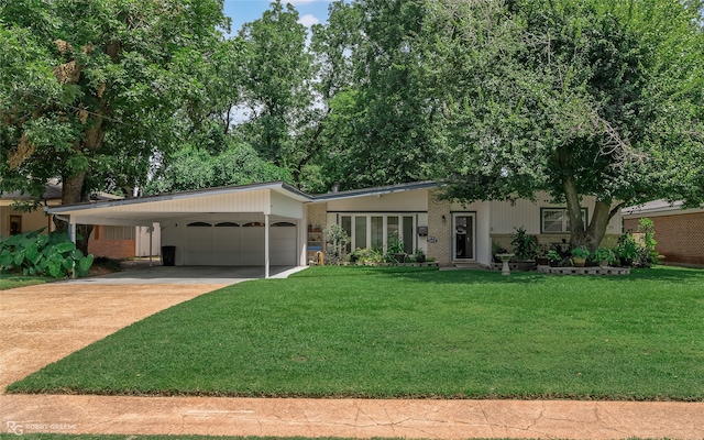 ranch-style house with a front yard and a carport