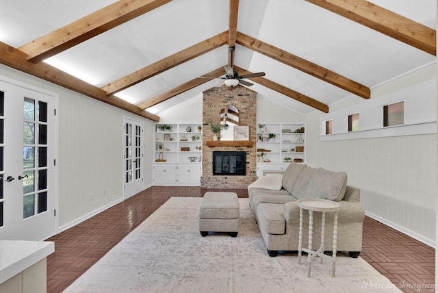 living room featuring vaulted ceiling with beams, a fireplace, wooden walls, and french doors