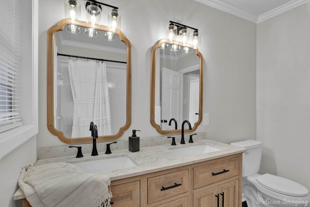 bathroom featuring a shower with curtain, vanity, toilet, and ornamental molding