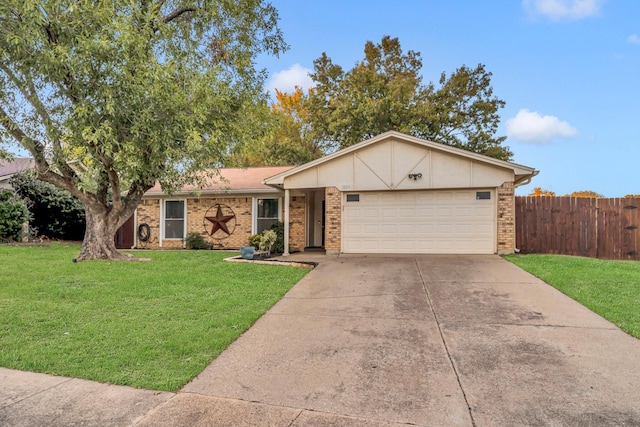 ranch-style house with a garage and a front lawn