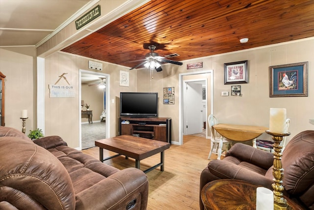 living room featuring ceiling fan, light hardwood / wood-style floors, and wooden ceiling