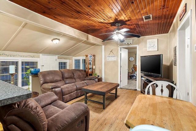 living room with wood ceiling, vaulted ceiling, light hardwood / wood-style floors, and ceiling fan