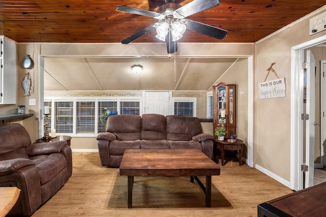 living room with ceiling fan, lofted ceiling, light hardwood / wood-style flooring, and wooden ceiling