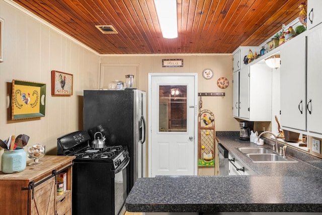 kitchen with sink, wood ceiling, dishwasher, white cabinetry, and black range with gas stovetop