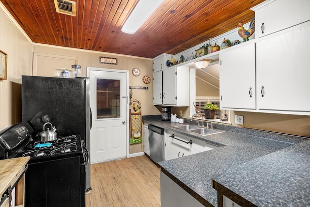 kitchen featuring white cabinetry, sink, light hardwood / wood-style floors, stainless steel appliances, and wooden ceiling