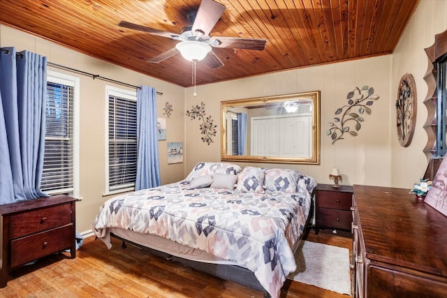 bedroom featuring wood ceiling, light hardwood / wood-style floors, and ceiling fan