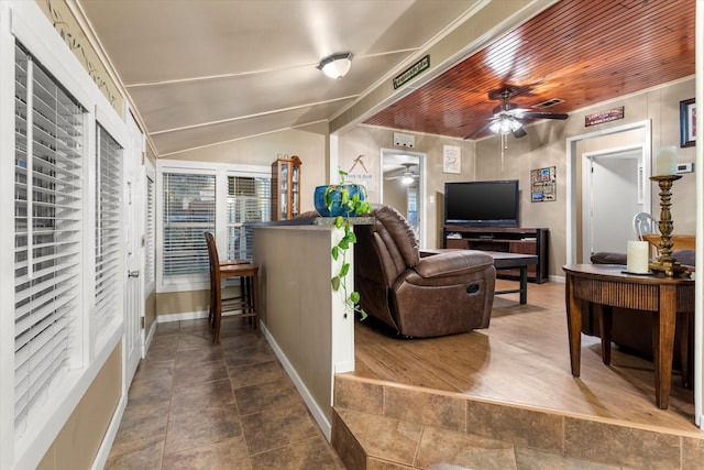 living room featuring lofted ceiling, wood ceiling, and ceiling fan