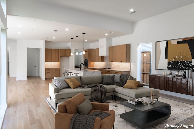 living room with sink and light wood-type flooring