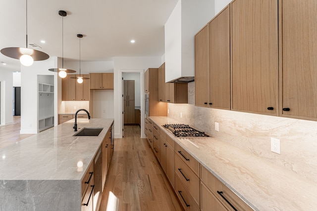 kitchen with sink, light stone counters, light hardwood / wood-style flooring, decorative light fixtures, and appliances with stainless steel finishes