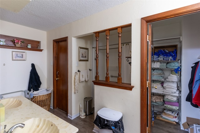 bathroom with vanity, wood-type flooring, and a textured ceiling