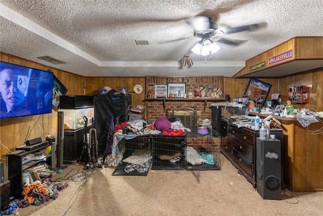 interior space with carpet, wood walls, and a textured ceiling