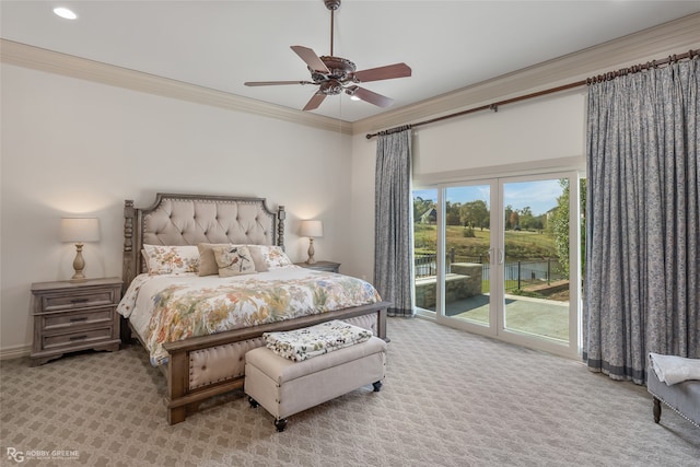 bedroom featuring access to outside, ceiling fan, light colored carpet, and ornamental molding