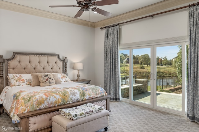 bedroom featuring access to outside, french doors, carpet flooring, ceiling fan, and ornamental molding