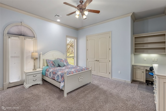 bedroom featuring ceiling fan, ornamental molding, and light carpet