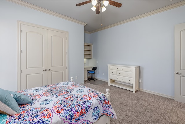 bedroom featuring ceiling fan, a closet, light colored carpet, and ornamental molding