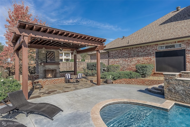 view of patio with ceiling fan and an outdoor stone fireplace