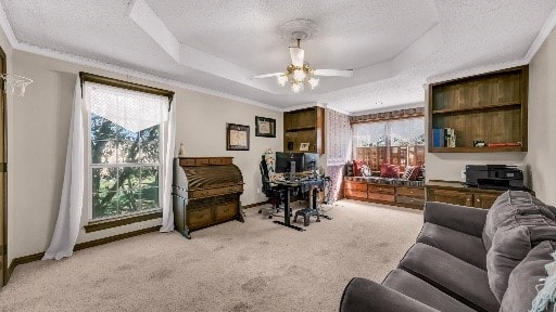 interior space with ceiling fan, crown molding, a textured ceiling, and a tray ceiling