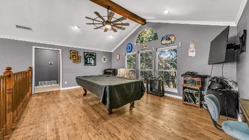 recreation room featuring ceiling fan, lofted ceiling with beams, billiards, hardwood / wood-style floors, and ornamental molding