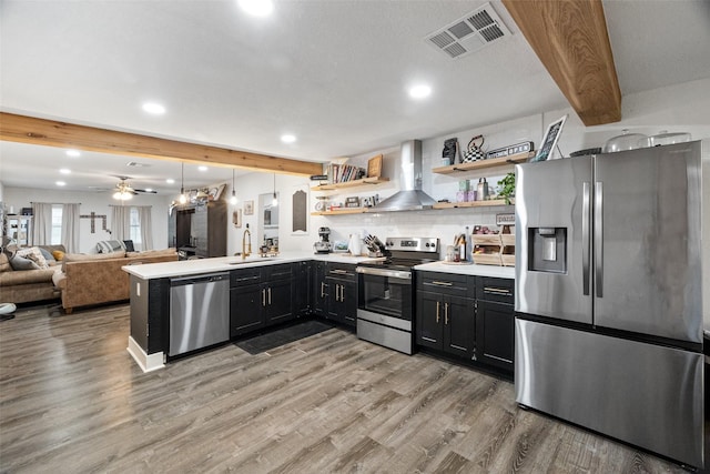 kitchen with sink, light hardwood / wood-style flooring, ceiling fan, appliances with stainless steel finishes, and kitchen peninsula