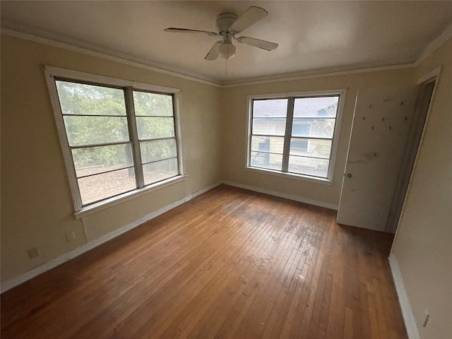 spare room featuring crown molding, ceiling fan, and hardwood / wood-style flooring