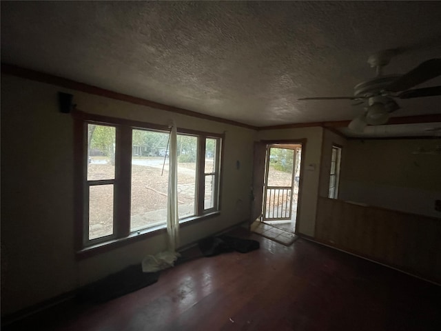 interior space featuring ceiling fan, dark hardwood / wood-style flooring, ornamental molding, and a textured ceiling