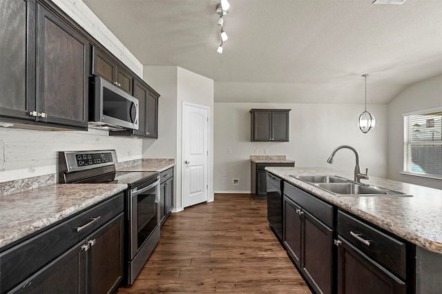 kitchen featuring stainless steel appliances, dark hardwood / wood-style flooring, an island with sink, pendant lighting, and lofted ceiling