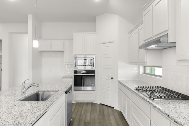 5617 Burford Ln, Celina, TX 75009 - kitchen with stainless steel appliances, a sink, under cabinet range hood, dark wood-style flooring, and white cabinetry