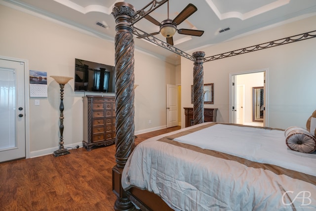 bedroom featuring hardwood / wood-style flooring, ceiling fan, a raised ceiling, and crown molding