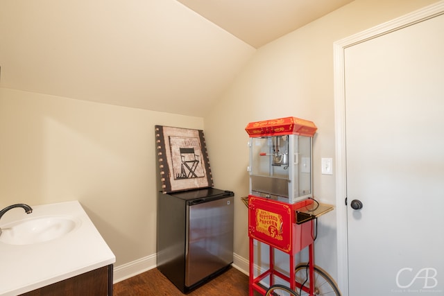 interior space with hardwood / wood-style flooring, vanity, and lofted ceiling