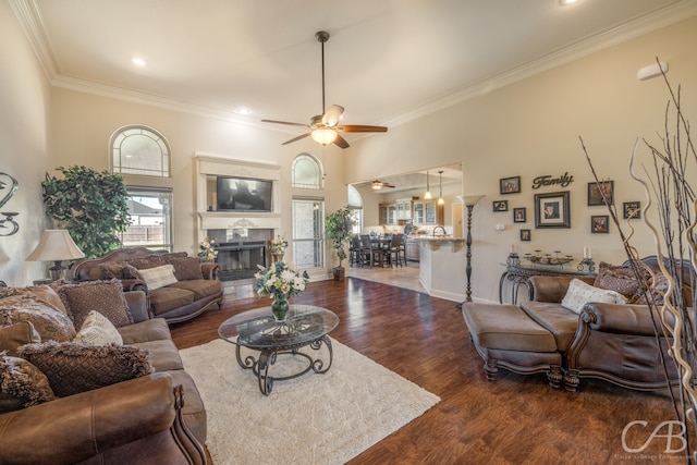 living room featuring dark hardwood / wood-style floors, ceiling fan, and ornamental molding