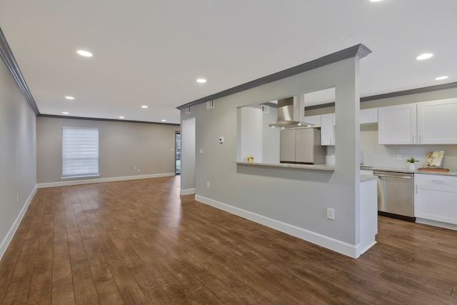 unfurnished living room with dark hardwood / wood-style flooring and ornamental molding