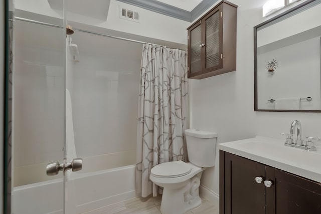 full bathroom with shower / tub combo, vanity, and toilet