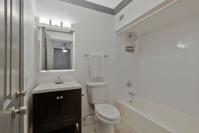 full bathroom with shower / bath combination, ornamental molding, vanity, ceiling fan, and toilet