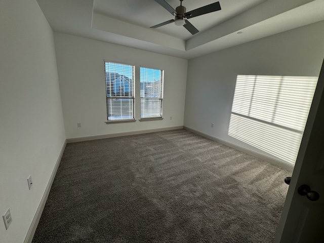 spare room featuring a tray ceiling, ceiling fan, and carpet