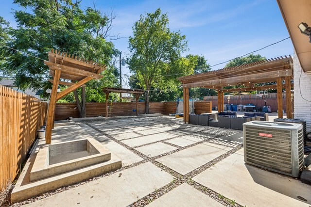 view of patio with outdoor lounge area, a pergola, and central AC