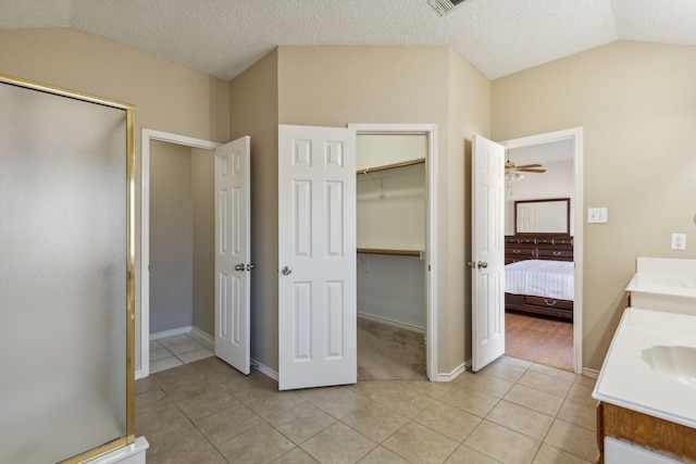 1306 Woodmont Dr, Allen, TX 75002 - ensuite bathroom featuring tile patterned flooring, a stall shower, lofted ceiling, vanity, and a walk in closet