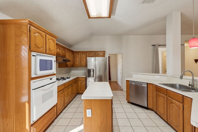 1306 Woodmont Dr, Allen, TX 75002 - kitchen featuring stainless steel appliances, a sink, light countertops, under cabinet range hood, and vaulted ceiling
