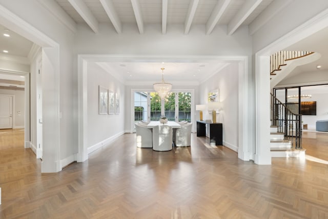 interior space with beam ceiling, parquet floors, and a chandelier