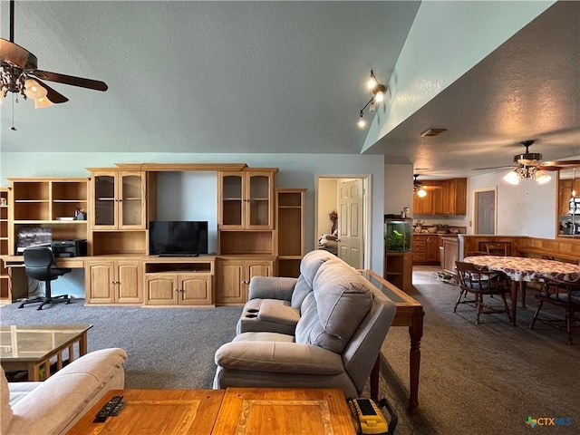 living room with carpet flooring, a textured ceiling, and vaulted ceiling