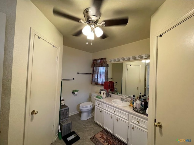 bathroom with vanity, ceiling fan, and toilet