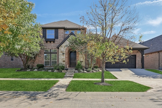 view of front of house with a front lawn and a garage