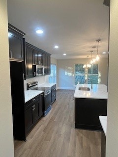 kitchen with decorative light fixtures, sink, stainless steel appliances, and wood-type flooring